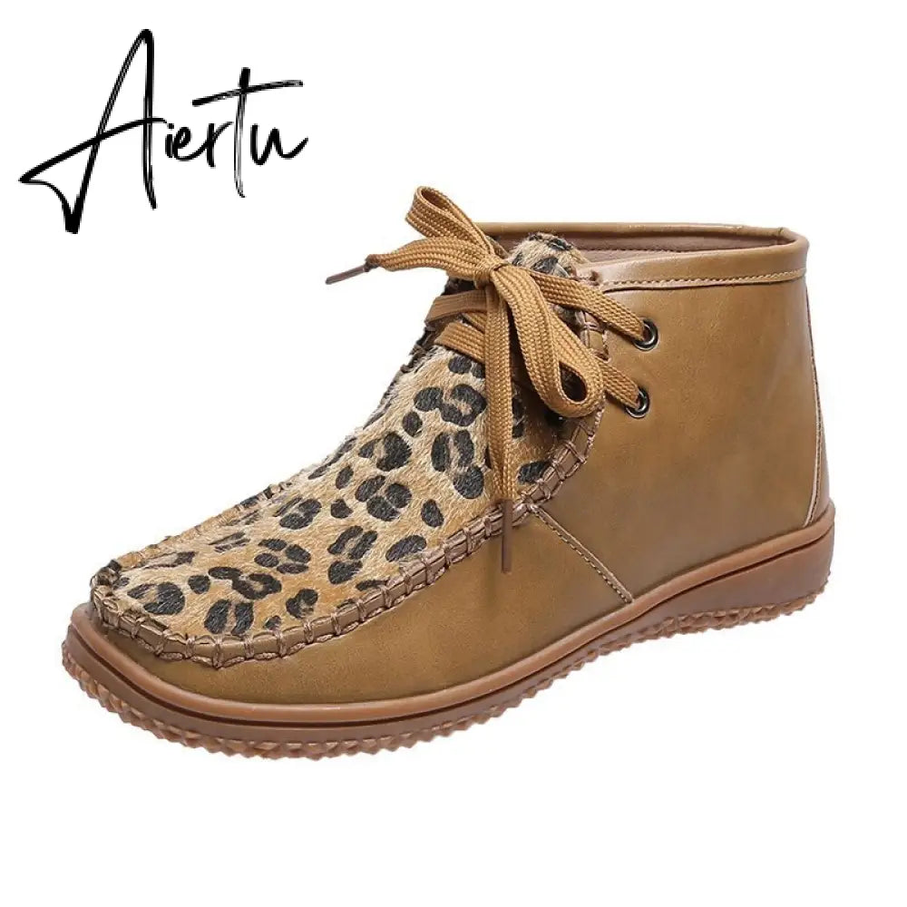 Aiertu Woman Shoes Spring New Leopard Print Snow Boots Women's Low Tube Round Head Martin Boots Warm Flat Shoes Aiertu