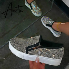 Aiertu Woman Sneakers Platform Vulcanized Women Bling Crystal Loafers Autumn Women's Casual Flats Female Zip Sport Shoes Women Aiertu