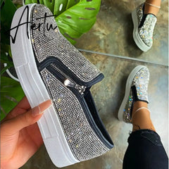 Aiertu Woman Sneakers Platform Vulcanized Women Bling Crystal Loafers Autumn Women's Casual Flats Female Zip Sport Shoes Women Aiertu