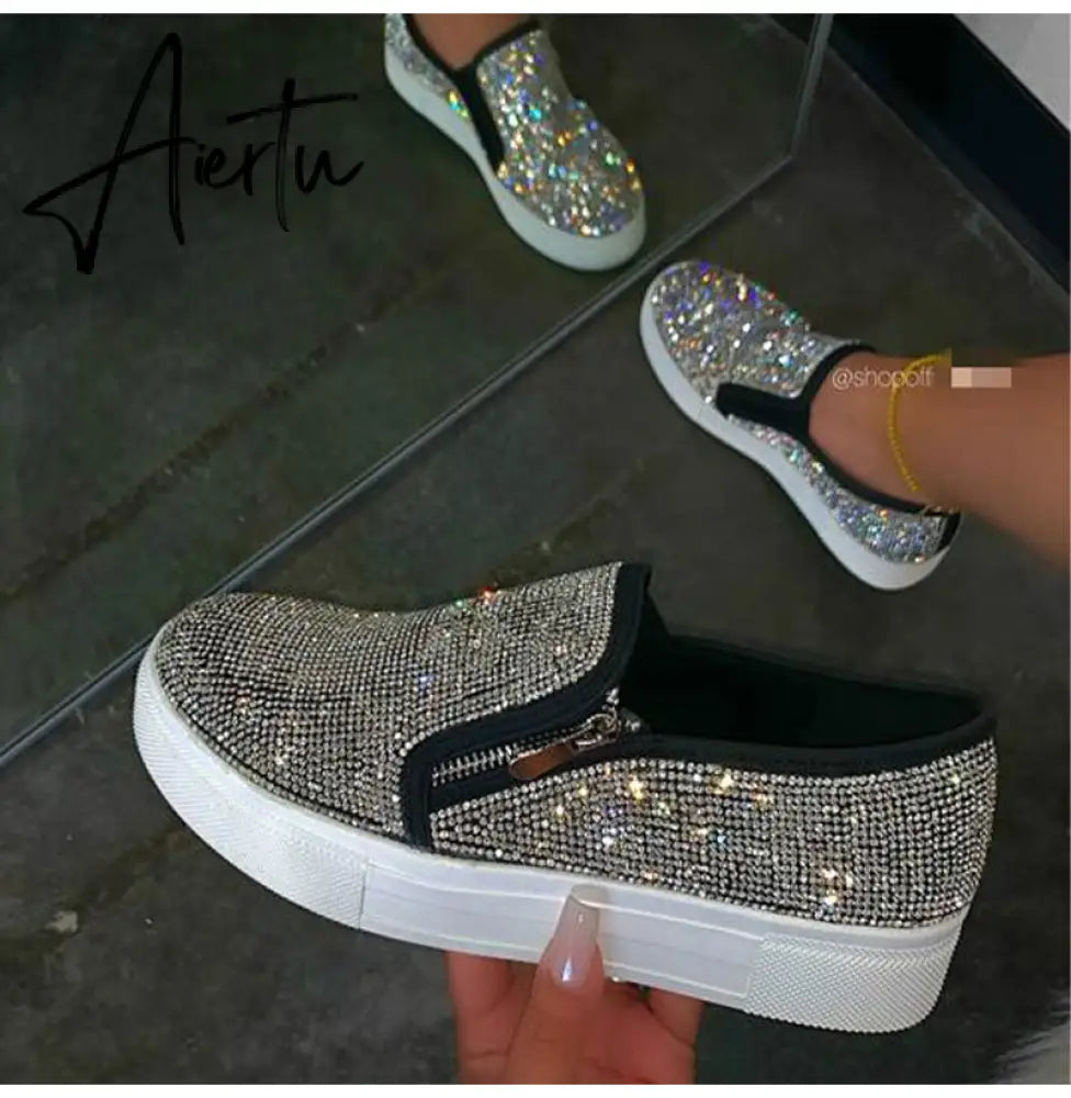 Aiertu Woman Sneakers Platform Vulcanized Women Bling Crystal Loafers Autumn Women's Casual Flats Female Zip Sport Shoes Women Aiertu