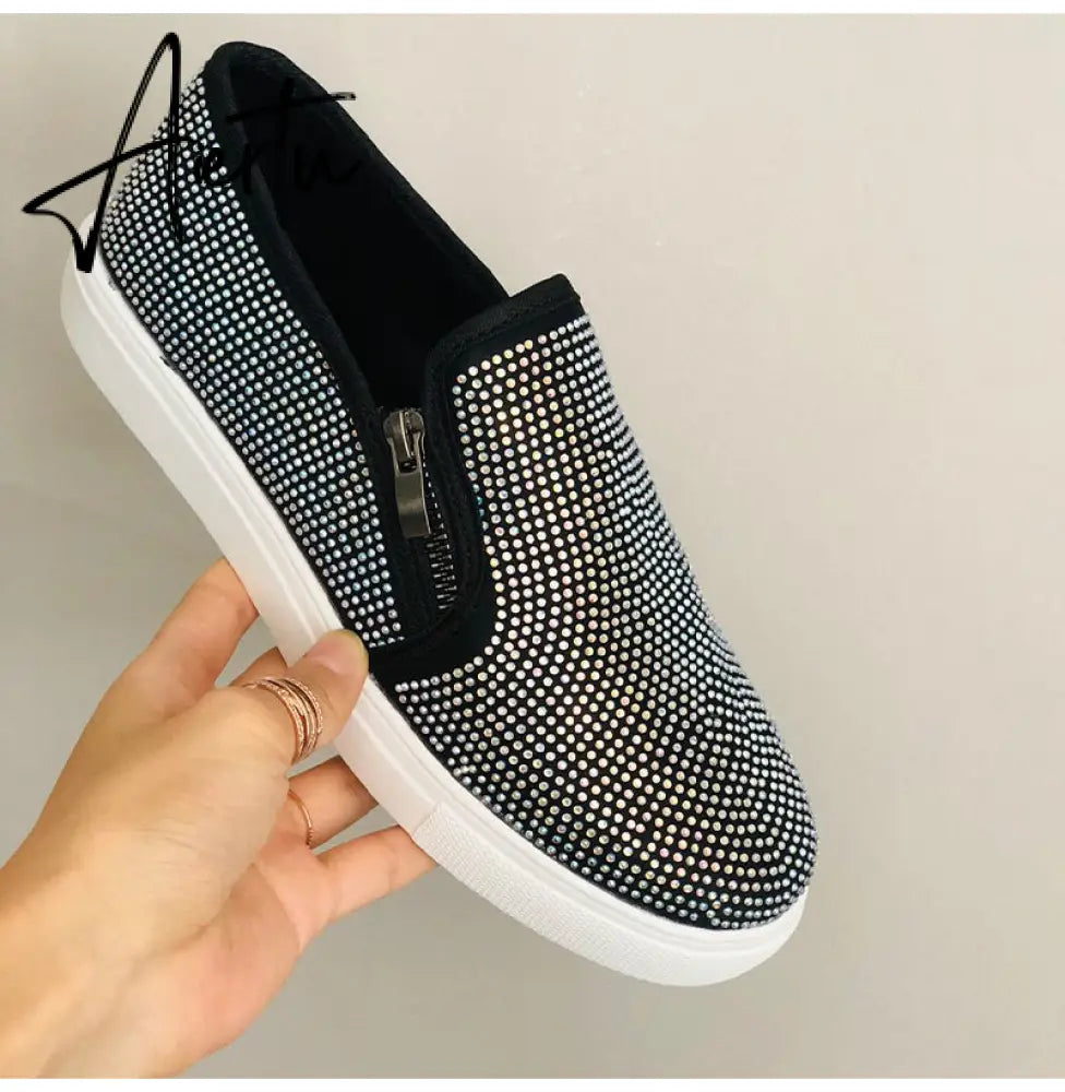 Aiertu Woman Sneakers Platform Vulcanized Women Bling Crystal Loafers Autumn Women's Casual Flats Female Zip Sport Shoes Women Aiertu