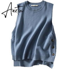 Aiertu Woman Sweaters Sleeveless Knit Vest Loose round Neck Sweater Female Femme Chandails Pull Hiver Aiertu