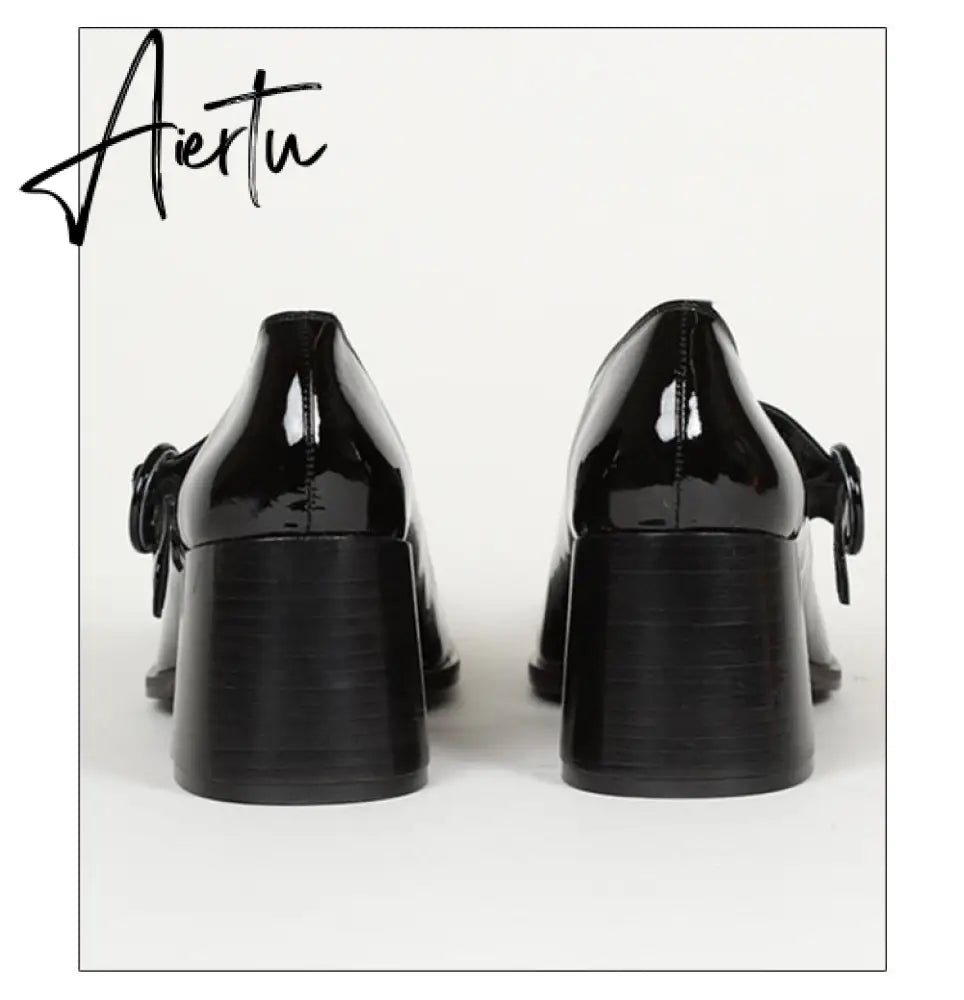 Aiertu Woman‘s New Mary Janes Shoes Genuine Leather Shallow Square heel Pumps Buckle Strap Round Toe Lady Footwear Aiertu
