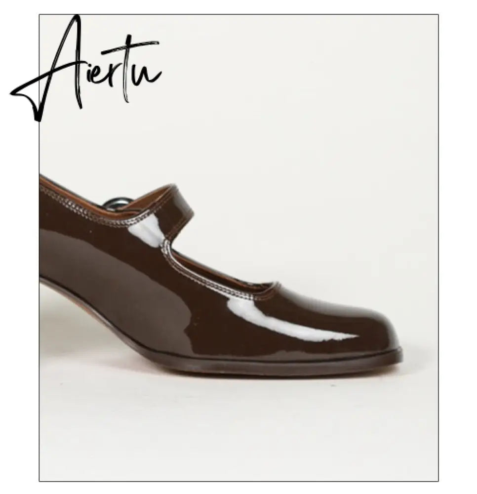 Aiertu Woman‘s New Mary Janes Shoes Genuine Leather Shallow Square heel Pumps Buckle Strap Round Toe Lady Footwear Aiertu