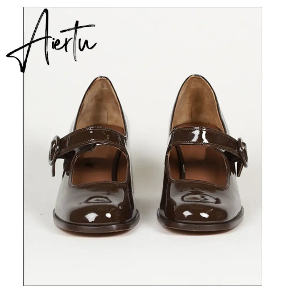 Aiertu Woman‘s New Mary Janes Shoes Genuine Leather Shallow Square heel Pumps Buckle Strap Round Toe Lady Footwear Aiertu