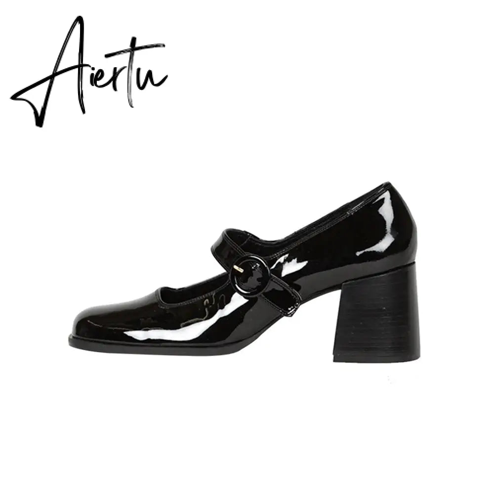 Aiertu Woman‘s New Mary Janes Shoes Genuine Leather Shallow Square heel Pumps Buckle Strap Round Toe Lady Footwear Aiertu