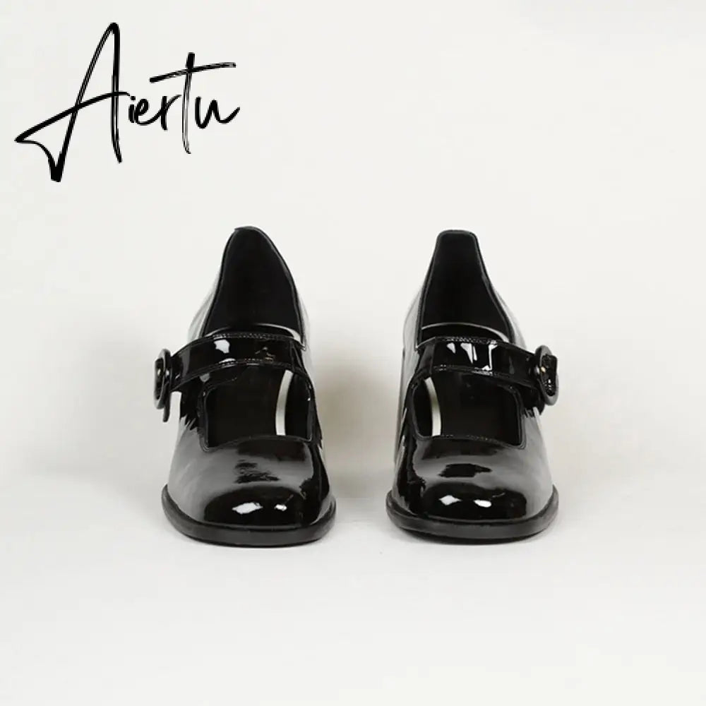 Aiertu Woman‘s New Mary Janes Shoes Genuine Leather Shallow Square heel Pumps Buckle Strap Round Toe Lady Footwear Aiertu