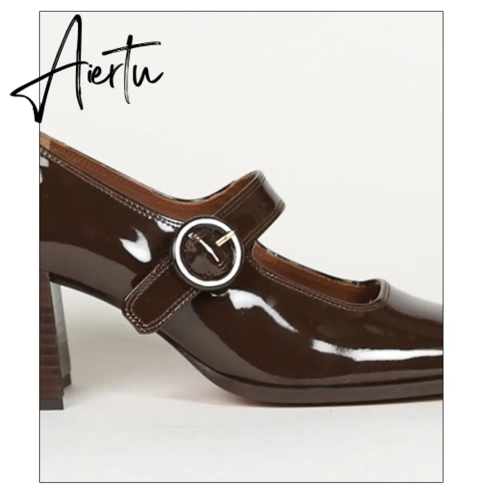 Aiertu Woman‘s New Mary Janes Shoes Genuine Leather Shallow Square heel Pumps Buckle Strap Round Toe Lady Footwear Aiertu