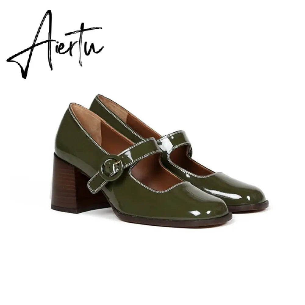 Aiertu Woman‘s New Mary Janes Shoes Genuine Leather Shallow Square heel Pumps Buckle Strap Round Toe Lady Footwear Aiertu