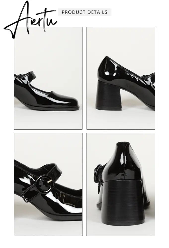 Aiertu Woman‘s New Mary Janes Shoes Genuine Leather Shallow Square heel Pumps Buckle Strap Round Toe Lady Footwear Aiertu