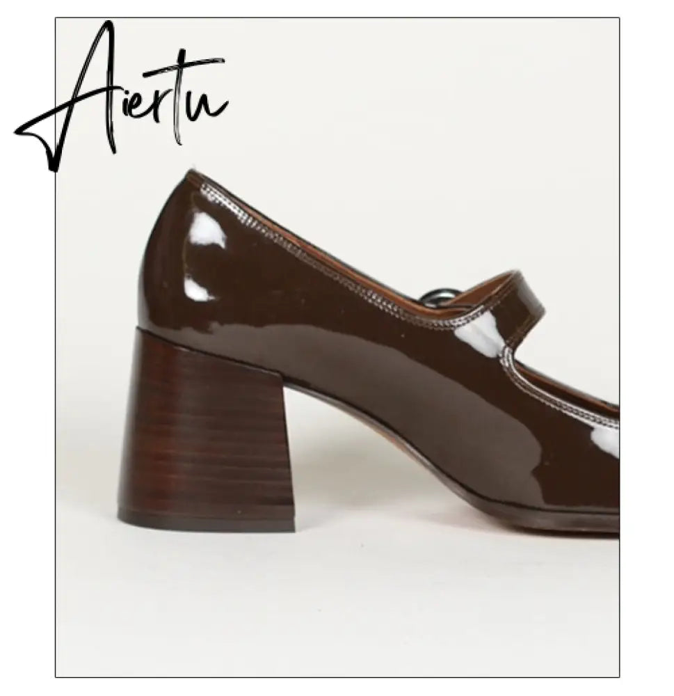 Aiertu Woman‘s New Mary Janes Shoes Genuine Leather Shallow Square heel Pumps Buckle Strap Round Toe Lady Footwear Aiertu