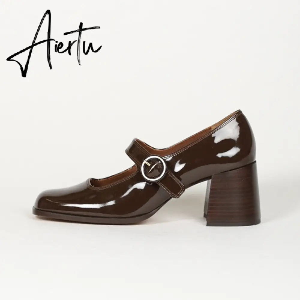 Aiertu Woman‘s New Mary Janes Shoes Genuine Leather Shallow Square heel Pumps Buckle Strap Round Toe Lady Footwear Aiertu
