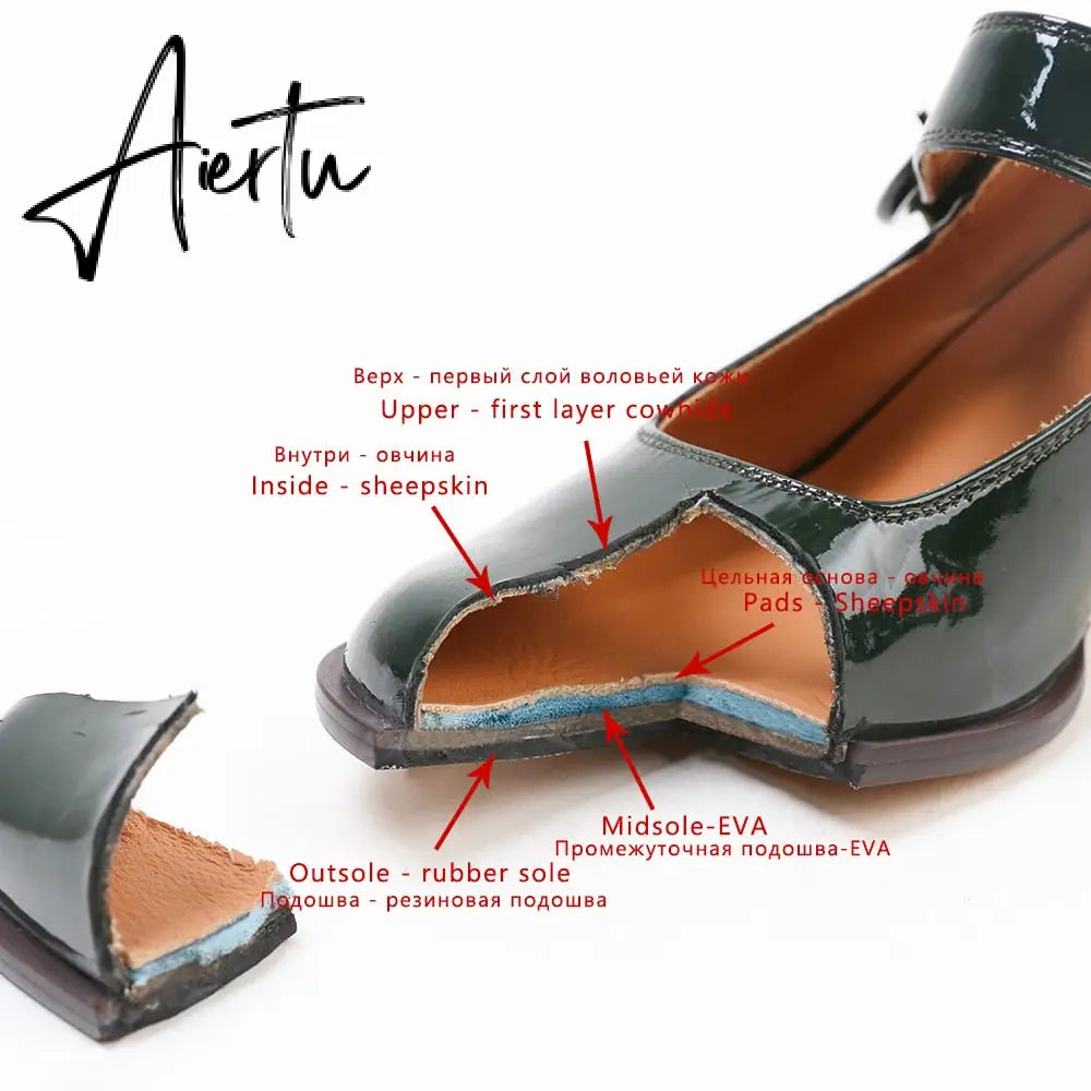 Aiertu Woman‘s New Mary Janes Shoes Genuine Leather Shallow Square heel Pumps Buckle Strap Round Toe Lady Footwear Aiertu