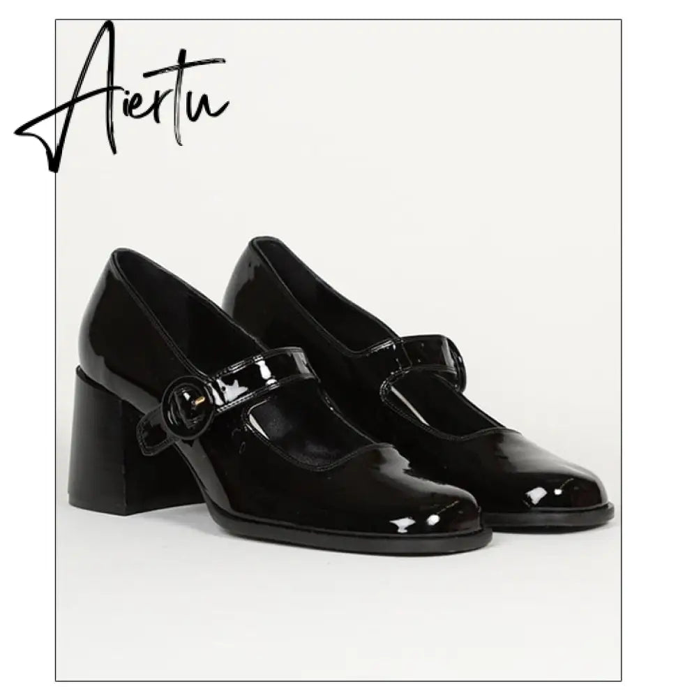 Aiertu Woman‘s New Mary Janes Shoes Genuine Leather Shallow Square heel Pumps Buckle Strap Round Toe Lady Footwear Aiertu