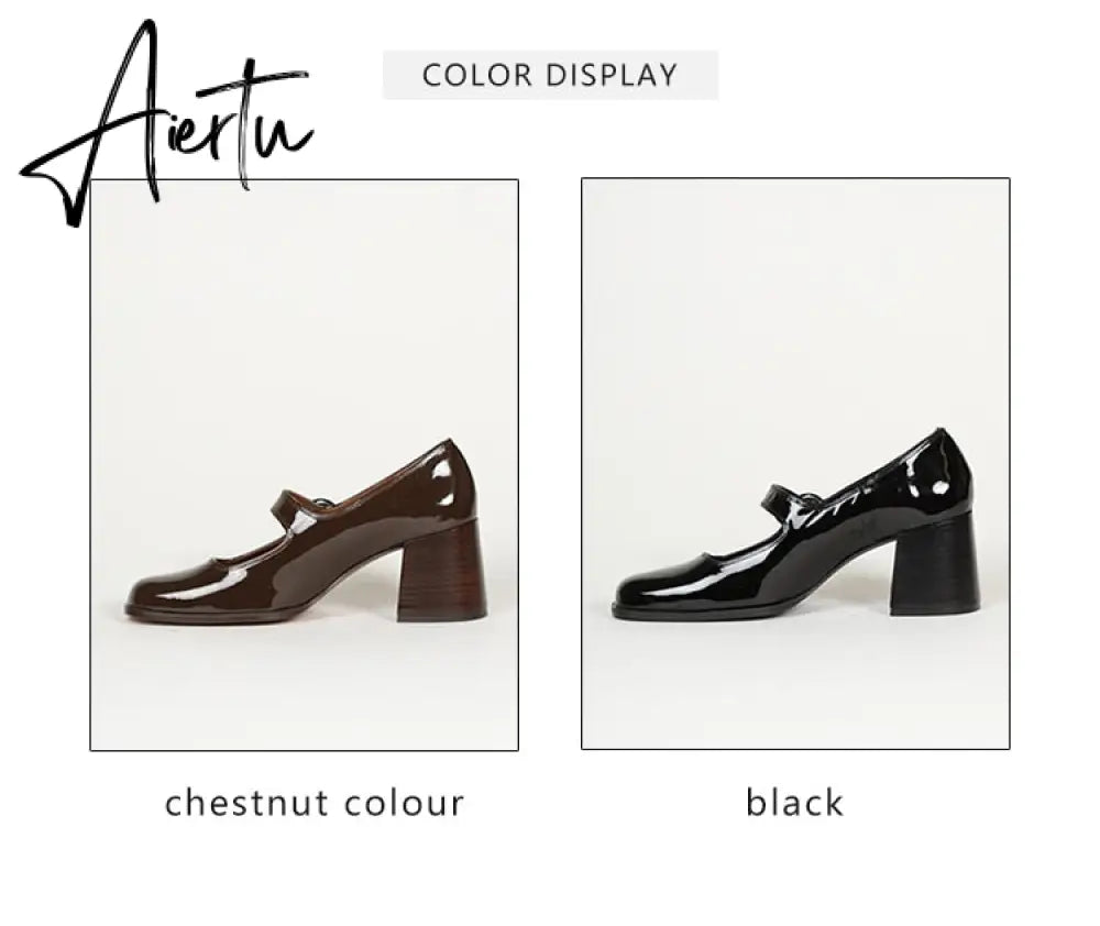 Aiertu Woman‘s New Mary Janes Shoes Genuine Leather Shallow Square heel Pumps Buckle Strap Round Toe Lady Footwear Aiertu