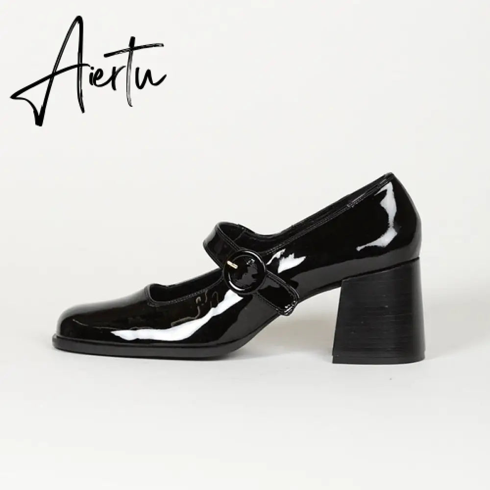 Aiertu Woman‘s New Mary Janes Shoes Genuine Leather Shallow Square heel Pumps Buckle Strap Round Toe Lady Footwear Aiertu