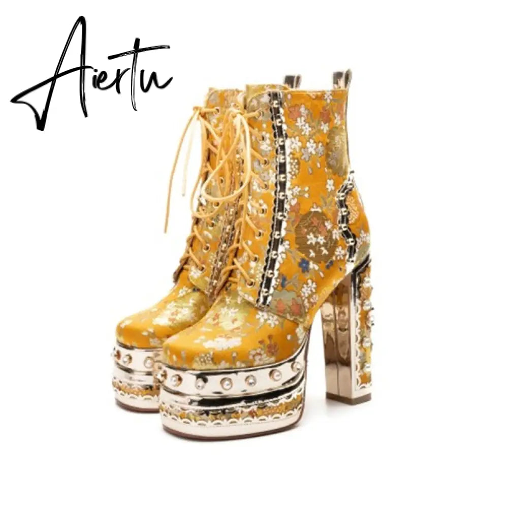 Aiertu Women Ankle Boots Plant Flower Pattern Platform Zipper-Sid Lace-Up Ladies Shoes Crude Heel Metal Decoration Women Short Boots Aiertu