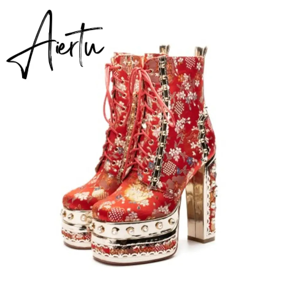 Aiertu Women Ankle Boots Plant Flower Pattern Platform Zipper-Sid Lace-Up Ladies Shoes Crude Heel Metal Decoration Women Short Boots Aiertu