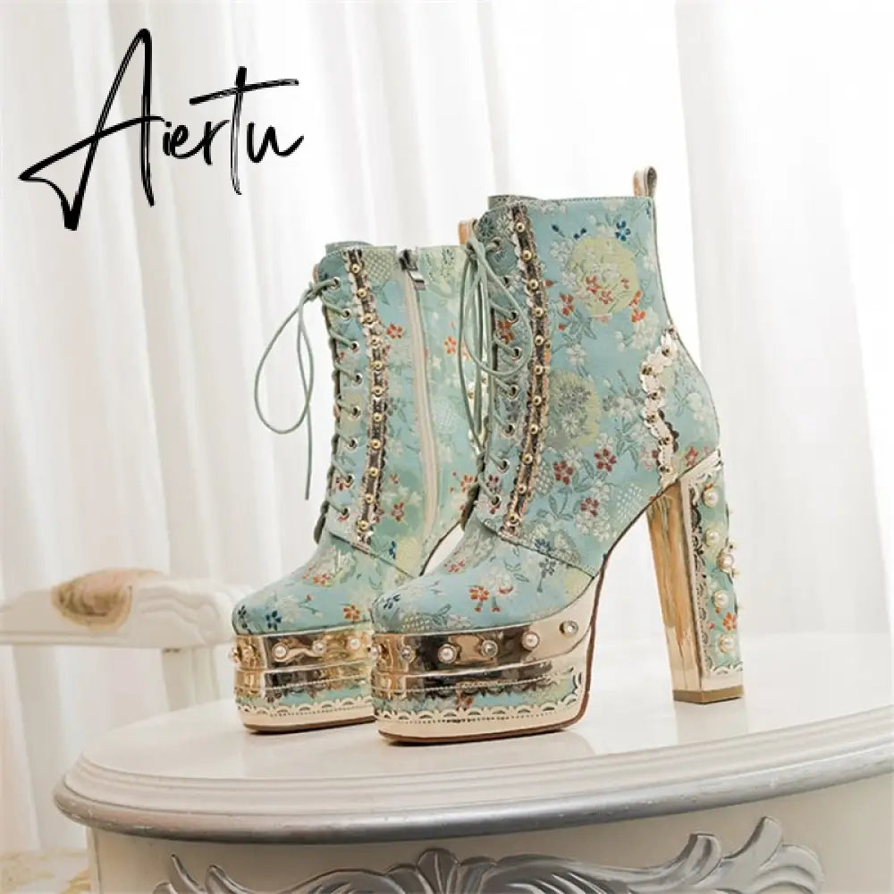Aiertu Women Ankle Boots Plant Flower Pattern Platform Zipper-Sid Lace-Up Ladies Shoes Crude Heel Metal Decoration Women Short Boots Aiertu