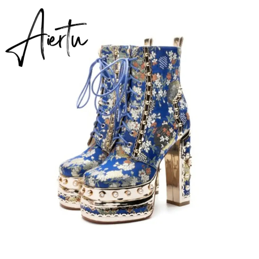 Aiertu Women Ankle Boots Plant Flower Pattern Platform Zipper-Sid Lace-Up Ladies Shoes Crude Heel Metal Decoration Women Short Boots Aiertu