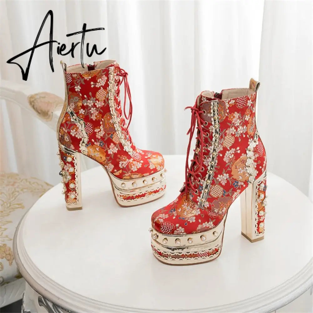 Aiertu Women Ankle Boots Plant Flower Pattern Platform Zipper-Sid Lace-Up Ladies Shoes Crude Heel Metal Decoration Women Short Boots Aiertu