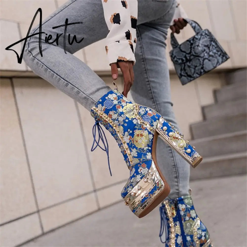 Aiertu Women Ankle Boots Plant Flower Pattern Platform Zipper-Sid Lace-Up Ladies Shoes Crude Heel Metal Decoration Women Short Boots Aiertu
