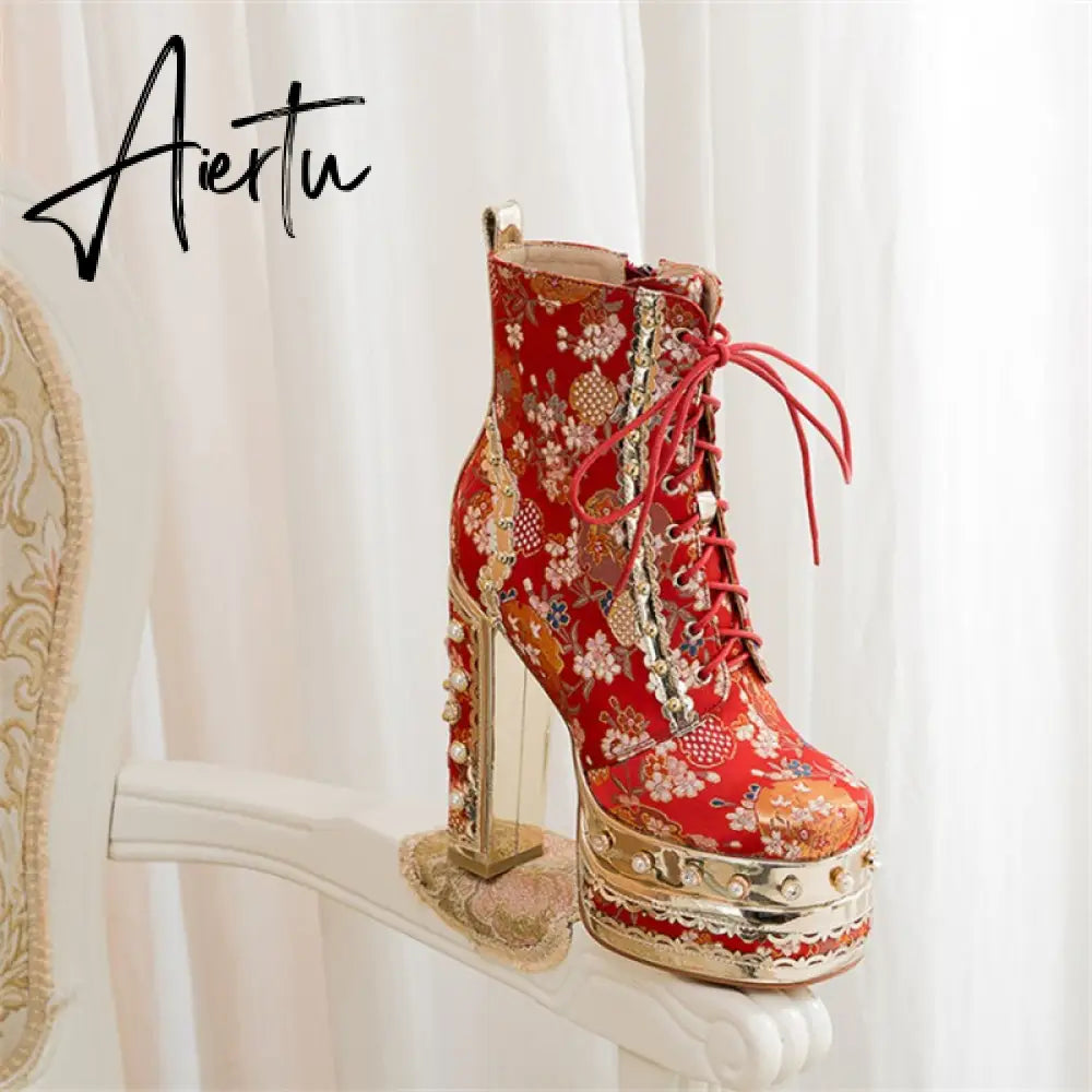 Aiertu Women Ankle Boots Plant Flower Pattern Platform Zipper-Sid Lace-Up Ladies Shoes Crude Heel Metal Decoration Women Short Boots Aiertu