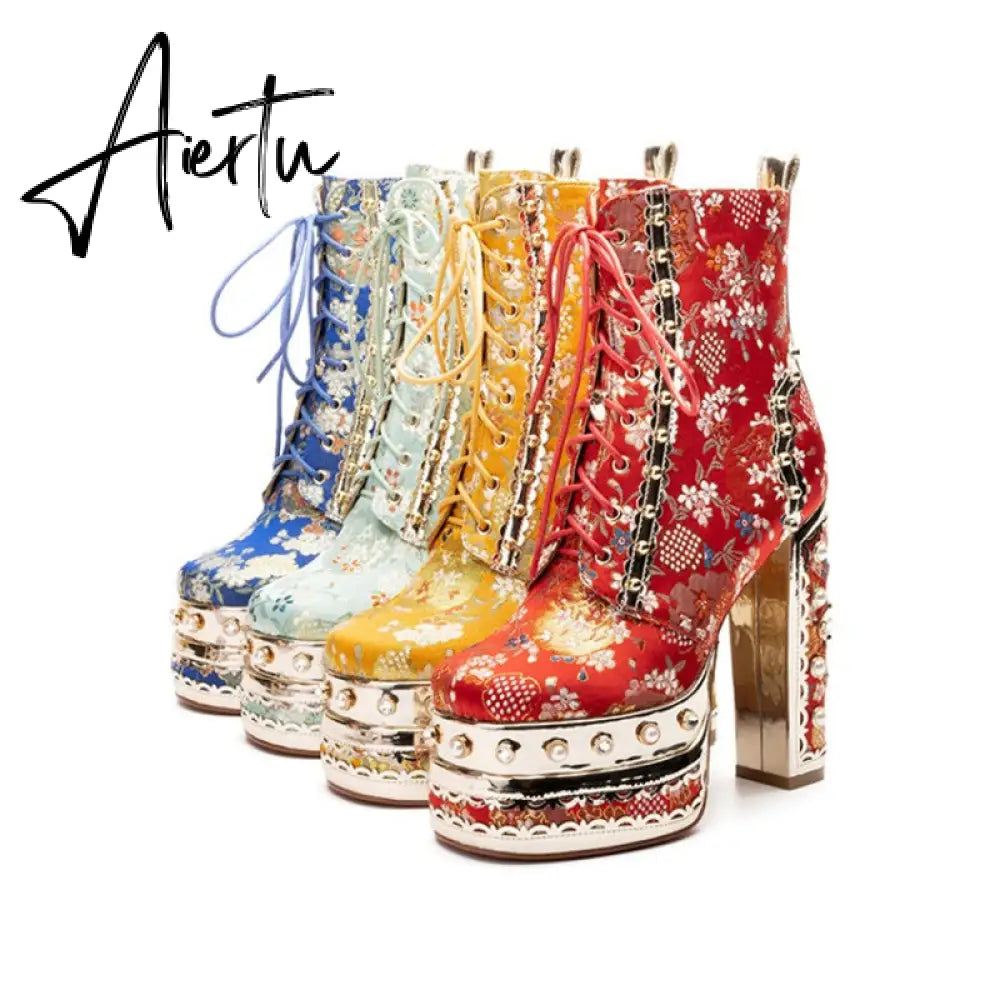 Aiertu Women Ankle Boots Plant Flower Pattern Platform Zipper-Sid Lace-Up Ladies Shoes Crude Heel Metal Decoration Women Short Boots Aiertu