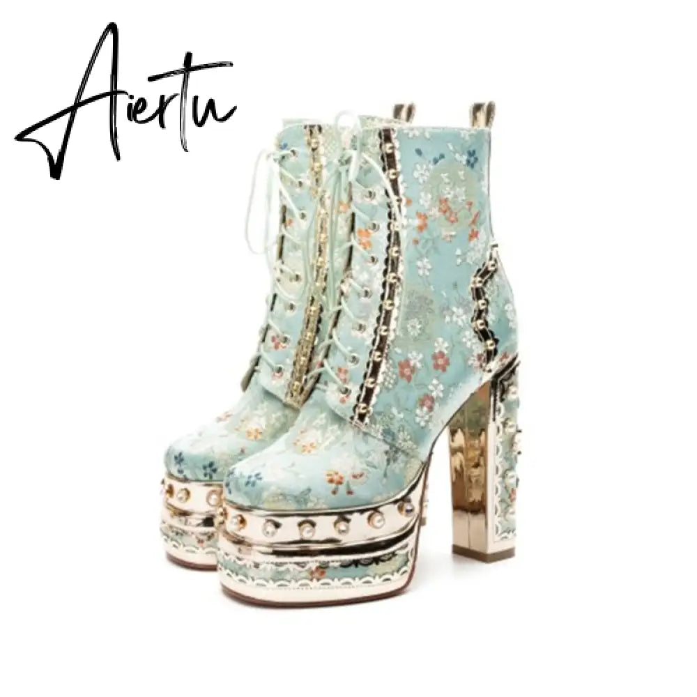 Aiertu Women Ankle Boots Plant Flower Pattern Platform Zipper-Sid Lace-Up Ladies Shoes Crude Heel Metal Decoration Women Short Boots Aiertu