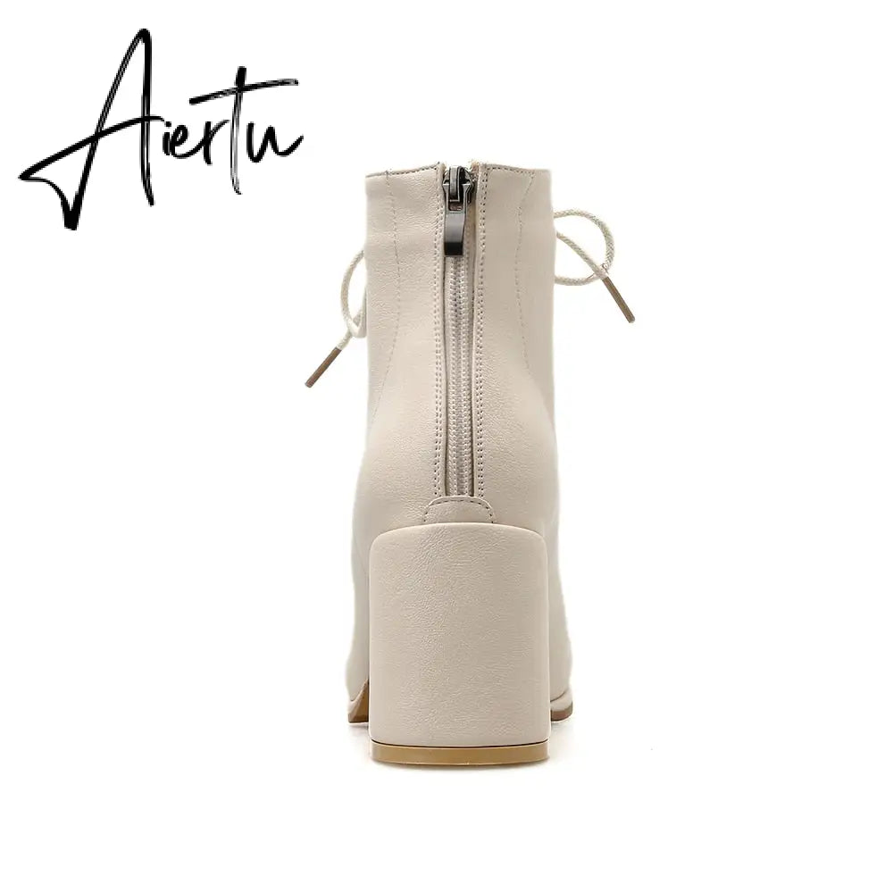 Aiertu  women Ankle boots PU Leather 35-39 feet length boots for women Round Toe Chelsea boots high heel boots AB784 Aiertu