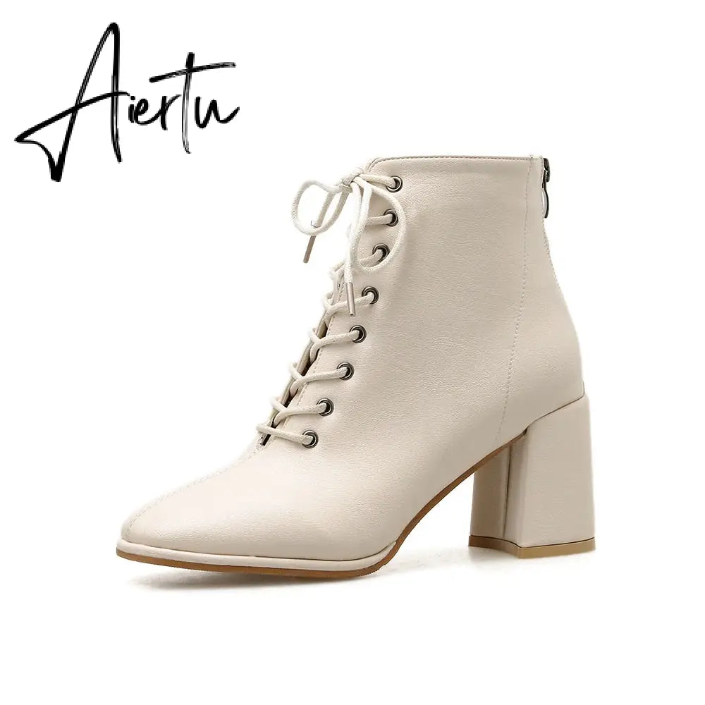 Aiertu  women Ankle boots PU Leather 35-39 feet length boots for women Round Toe Chelsea boots high heel boots AB784 Aiertu