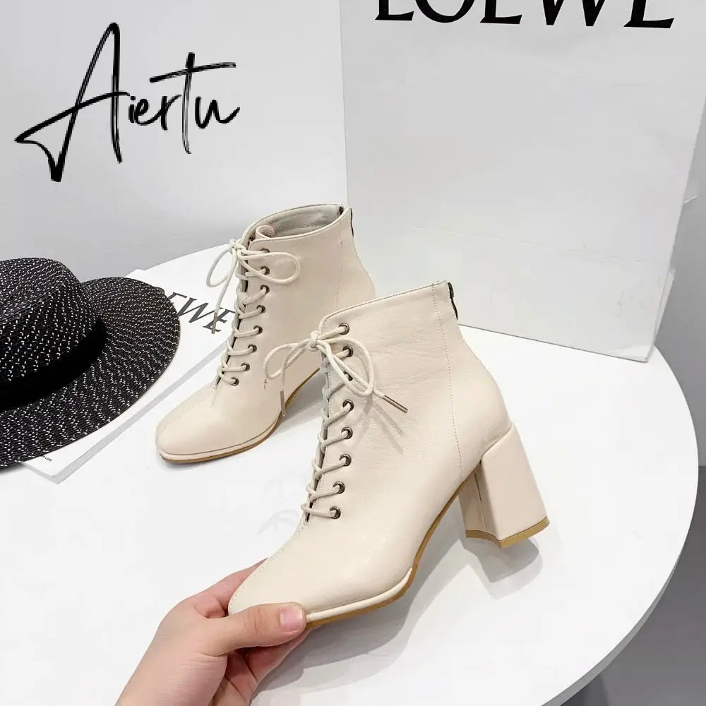 Aiertu  women Ankle boots PU Leather 35-39 feet length boots for women Round Toe Chelsea boots high heel boots AB784 Aiertu