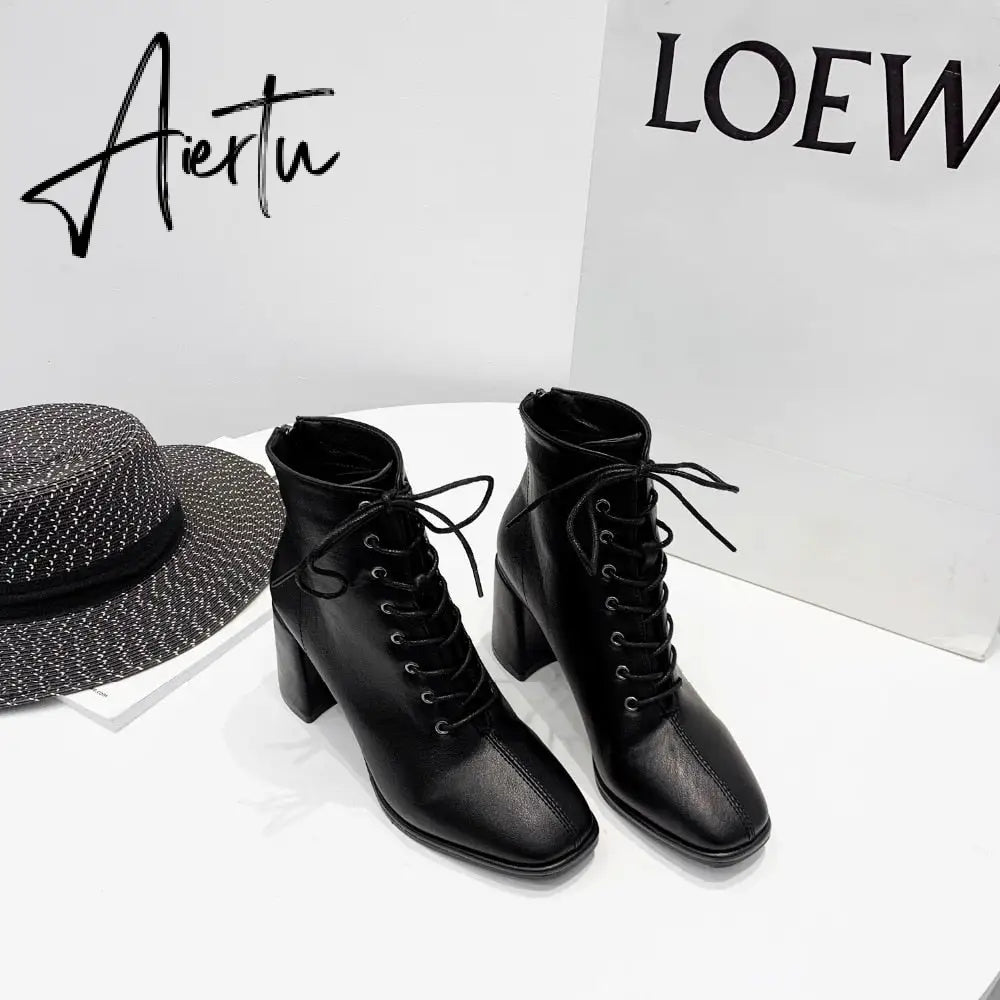 Aiertu  women Ankle boots PU Leather 35-39 feet length boots for women Round Toe Chelsea boots high heel boots AB784 Aiertu