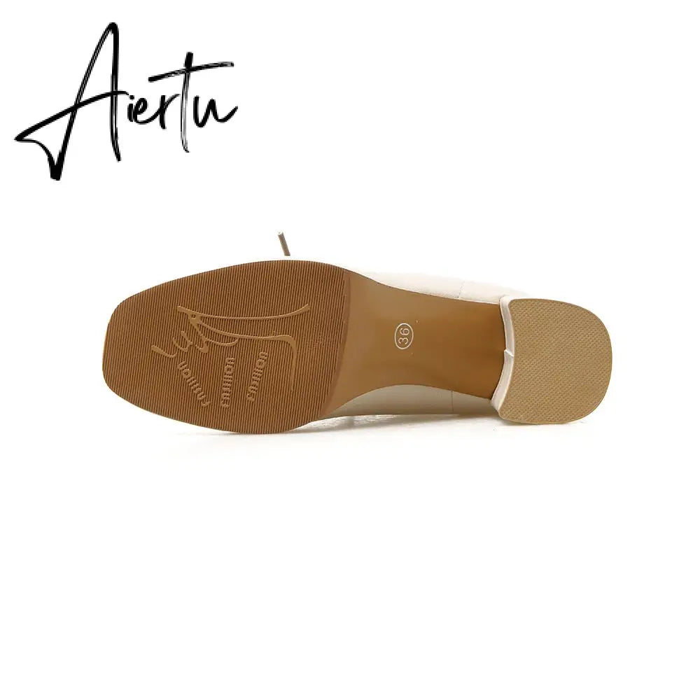 Aiertu  women Ankle boots PU Leather 35-39 feet length boots for women Round Toe Chelsea boots high heel boots AB784 Aiertu