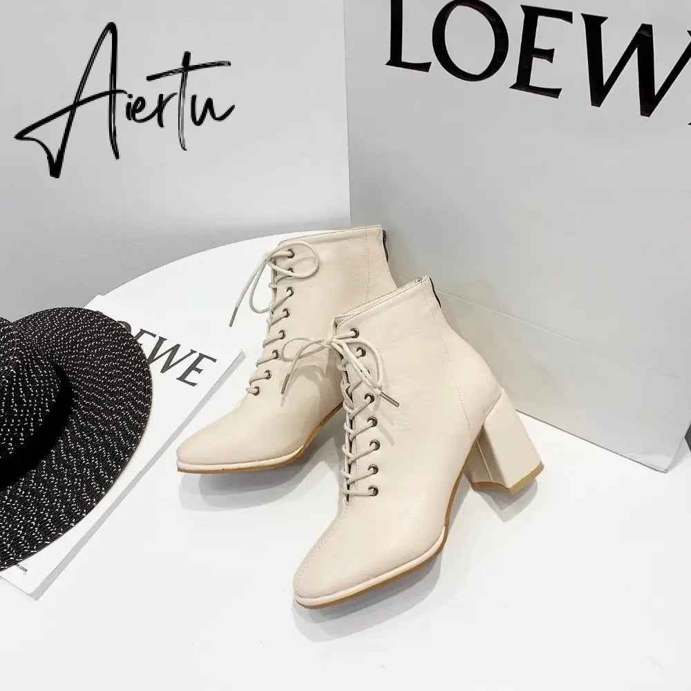 Aiertu  women Ankle boots PU Leather 35-39 feet length boots for women Round Toe Chelsea boots high heel boots AB784 Aiertu