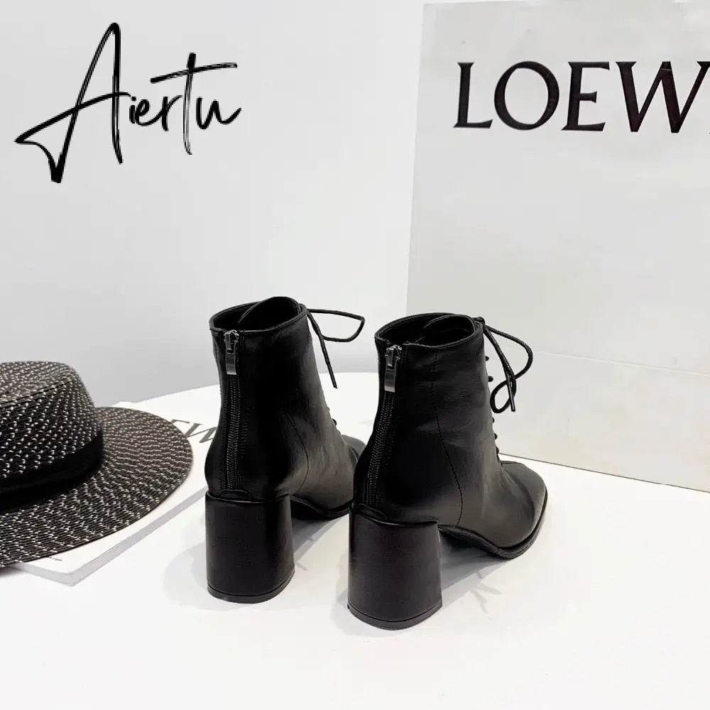 Aiertu  women Ankle boots PU Leather 35-39 feet length boots for women Round Toe Chelsea boots high heel boots AB784 Aiertu
