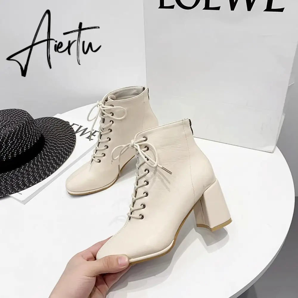 Aiertu  women Ankle boots PU Leather 35-39 feet length boots for women Round Toe Chelsea boots high heel boots AB784 Aiertu