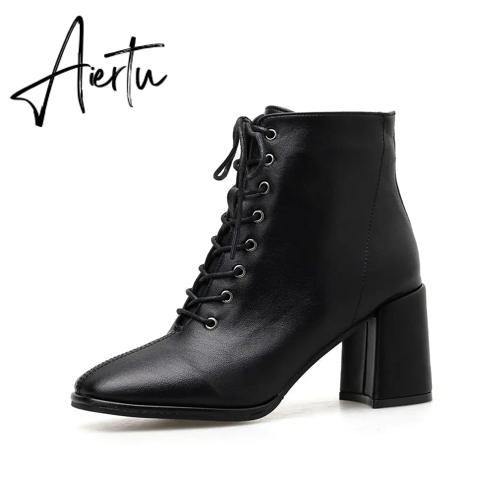 Aiertu  women Ankle boots PU Leather 35-39 feet length boots for women Round Toe Chelsea boots high heel boots AB784 Aiertu