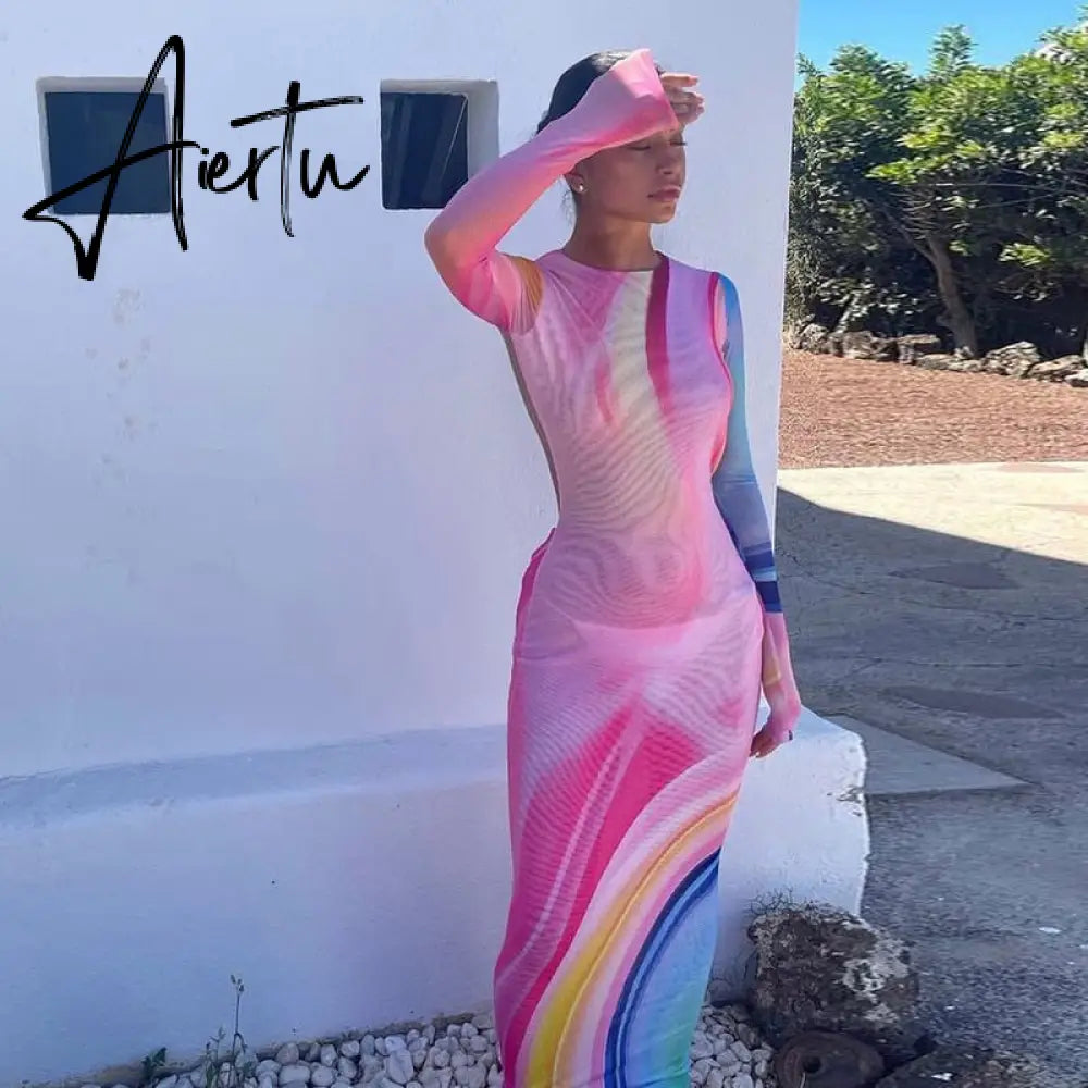 Aiertu  Women Autumn Long Sleeve Halter Printed Mesh See Through Backless Vestido Bodycon Midi Dress Clothes Wholesale Aiertu
