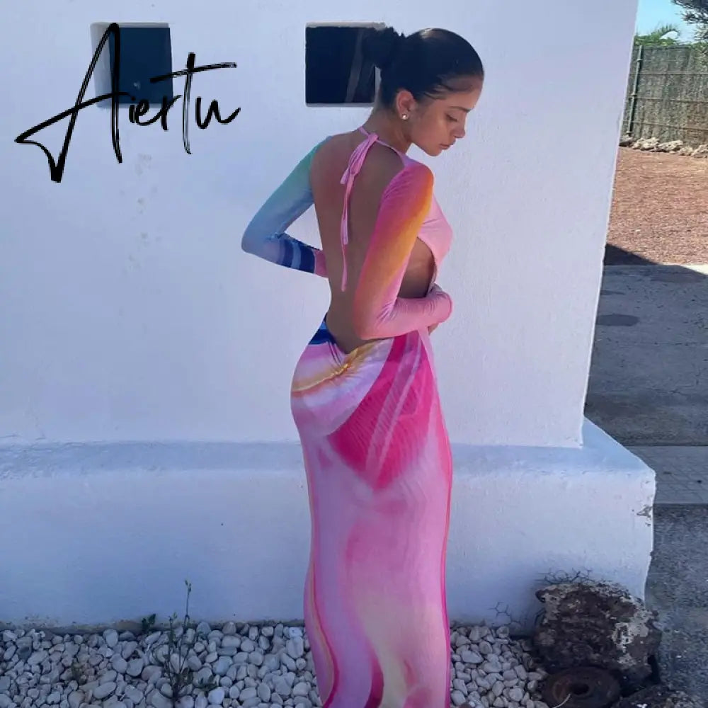 Aiertu  Women Autumn Long Sleeve Halter Printed Mesh See Through Backless Vestido Bodycon Midi Dress Clothes Wholesale Aiertu