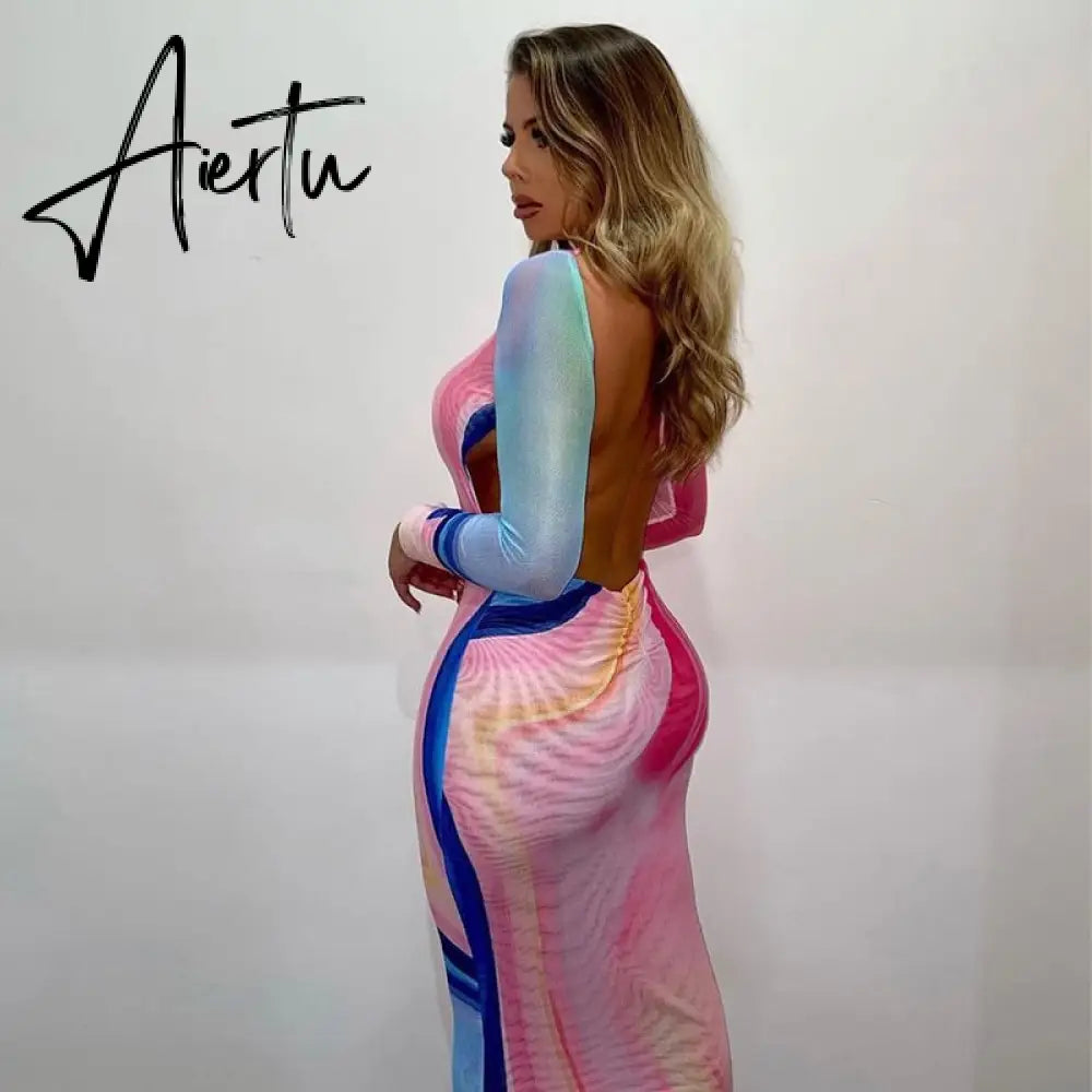Aiertu  Women Autumn Long Sleeve Halter Printed Mesh See Through Backless Vestido Bodycon Midi Dress Clothes Wholesale Aiertu