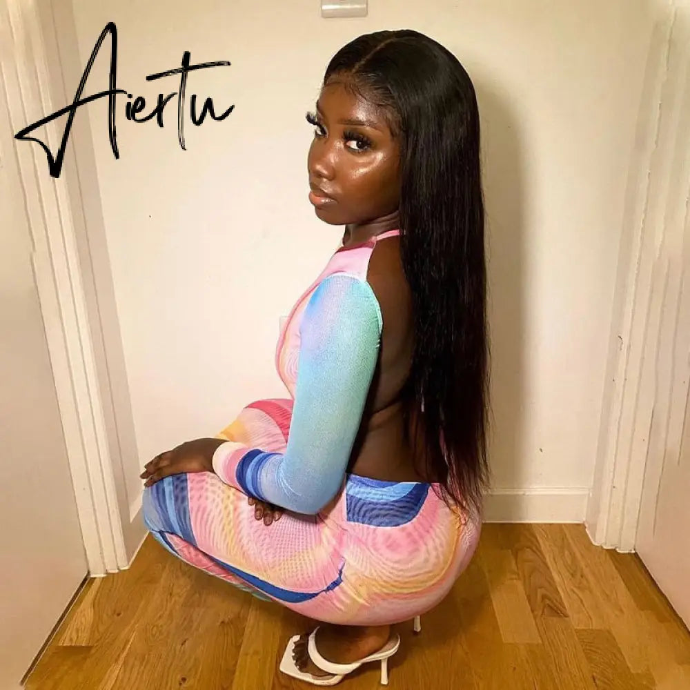 Aiertu  Women Autumn Long Sleeve Halter Printed Mesh See Through Backless Vestido Bodycon Midi Dress Clothes Wholesale Aiertu