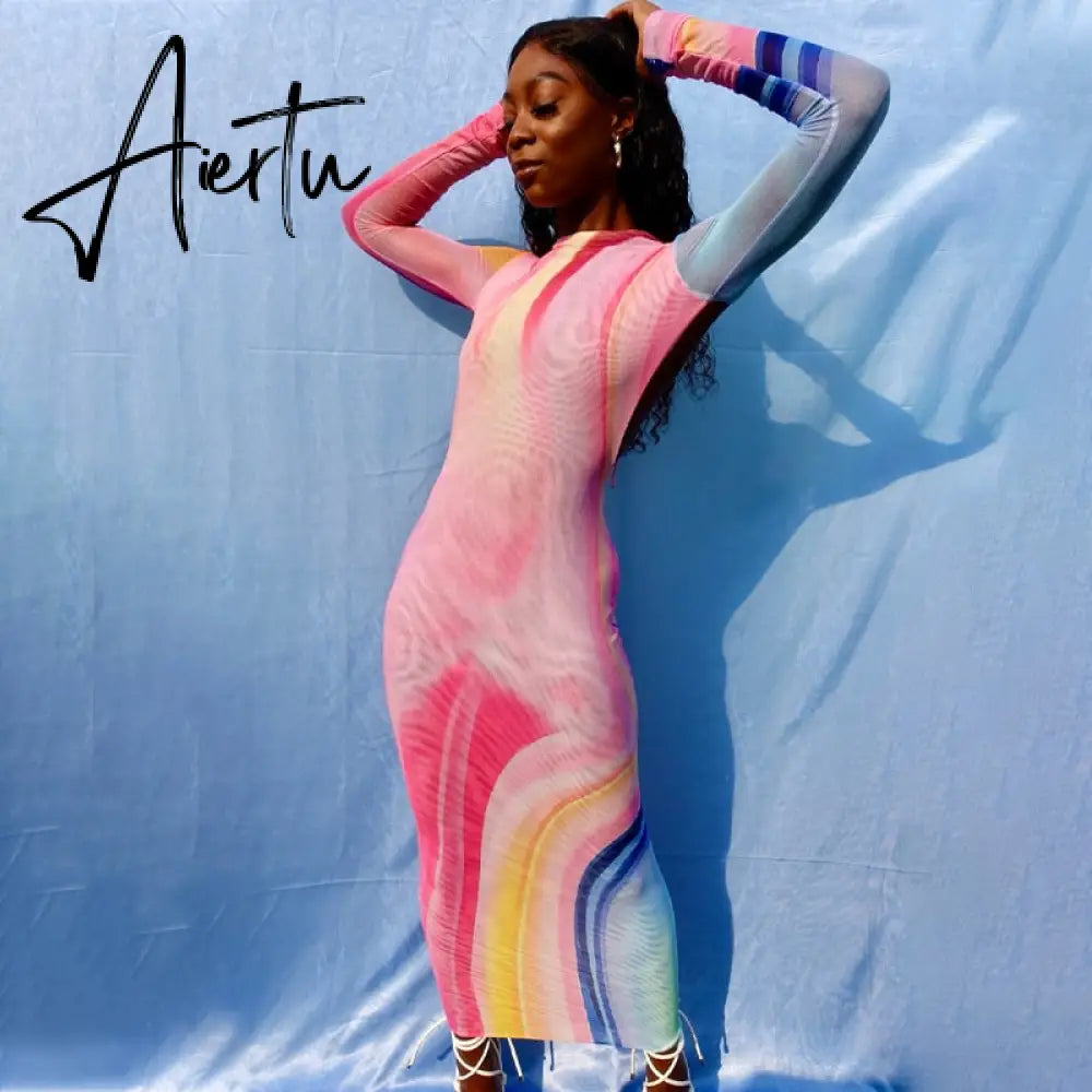 Aiertu  Women Autumn Long Sleeve Halter Printed Mesh See Through Backless Vestido Bodycon Midi Dress Clothes Wholesale Aiertu