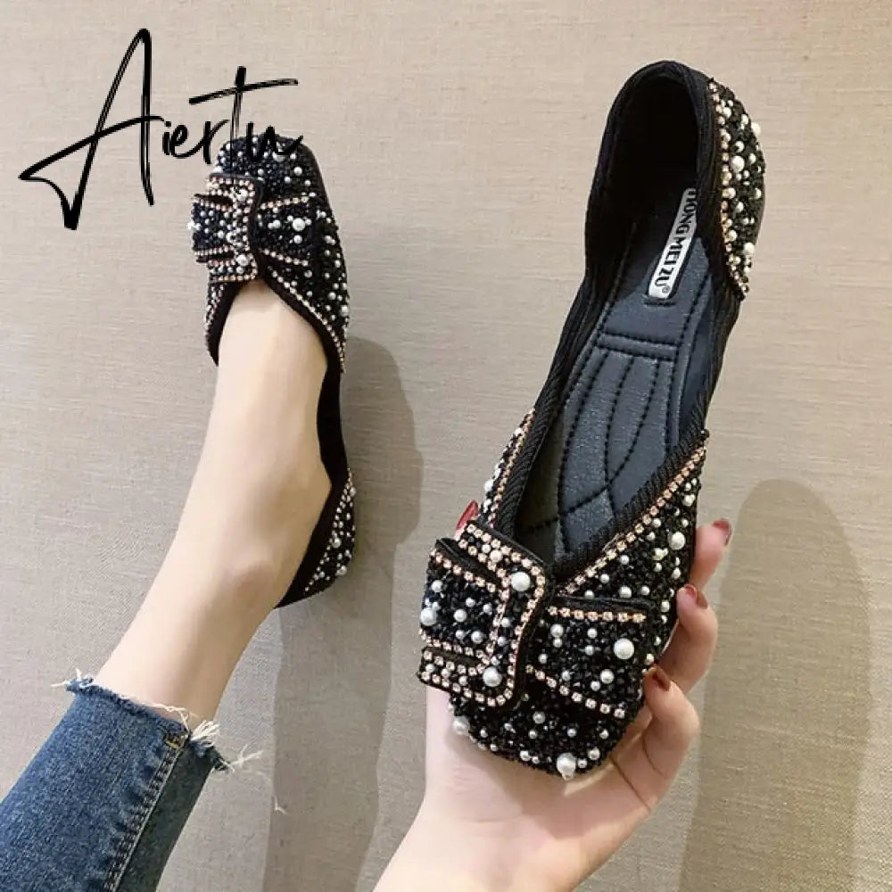 Aiertu Women Ballet Flats Bling Crystal Diamond Dress Flats Ladies Bow Sequins Single Shoes Rhinestone Glitter Square Toe Size 43 Aiertu