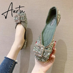 Aiertu Women Ballet Flats Bling Crystal Diamond Dress Flats Ladies Bow Sequins Single Shoes Rhinestone Glitter Square Toe Size 43 Aiertu