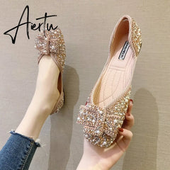 Aiertu Women Ballet Flats Bling Crystal Diamond Dress Flats Ladies Bow Sequins Single Shoes Rhinestone Glitter Square Toe Size 43 Aiertu