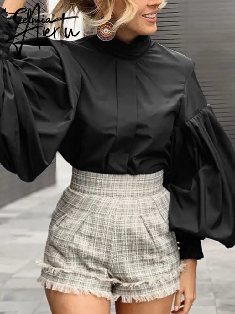 Aiertu Women Big Lantern Sleeve White Shirt Elegant Streetwear Party Blouse Fashion Stand Collar Casual Loose Blusas Tops Aiertu