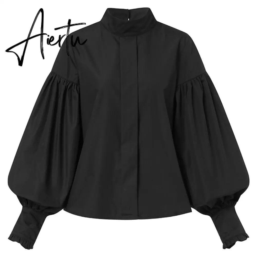 Aiertu Women Big Lantern Sleeve White Shirt Elegant Streetwear Party Blouse Fashion Stand Collar Casual Loose Blusas Tops Aiertu