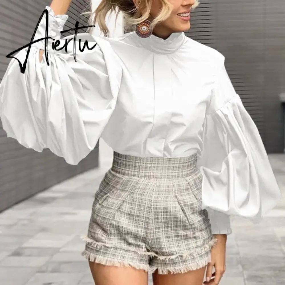 Aiertu Women Big Lantern Sleeve White Shirt Elegant Streetwear Party Blouse Fashion Stand Collar Casual Loose Blusas Tops Aiertu