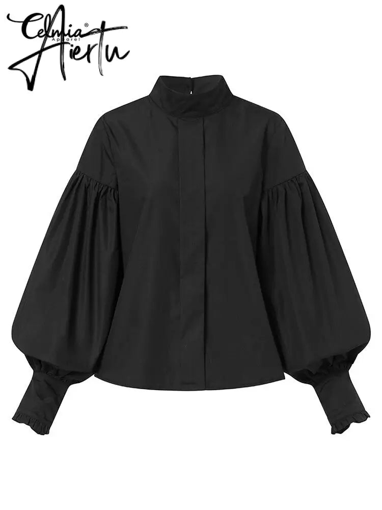 Aiertu Women Big Lantern Sleeve White Shirt Elegant Streetwear Party Blouse Fashion Stand Collar Casual Loose Blusas Tops Aiertu